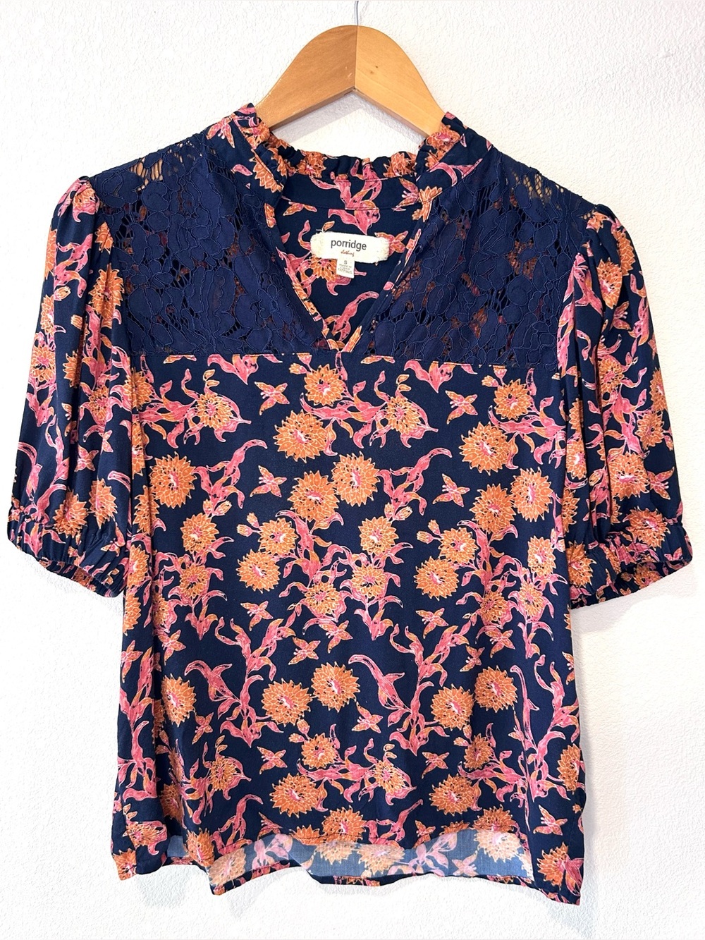 Anthropologie Porridge Navy Lace Floral Blouse Boho Cottagecore Retro Size S